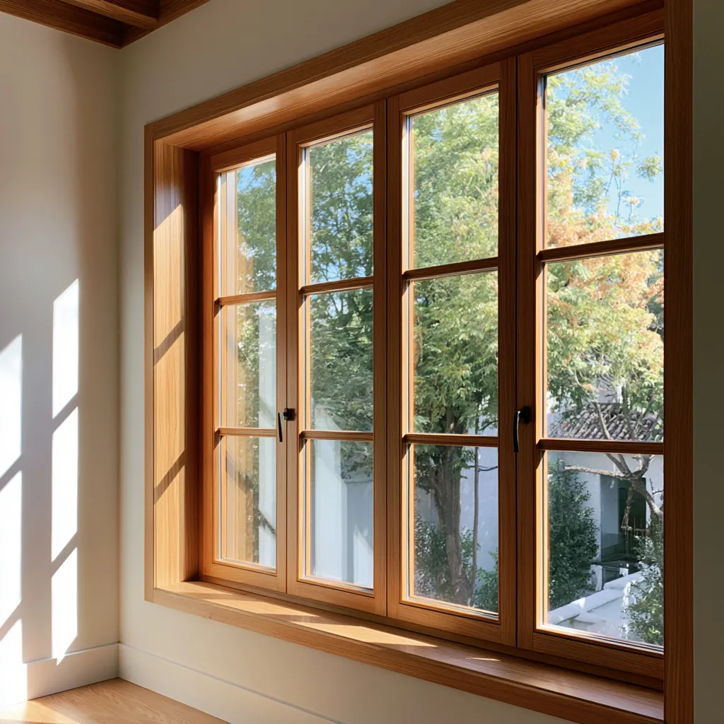 Ventana de madera con vistas al jardín instalada en Catalunya